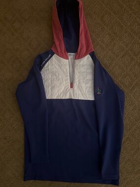 Peter Millar Kids' Navy & White Hooded Quarterzip Merion Country Club Jacket